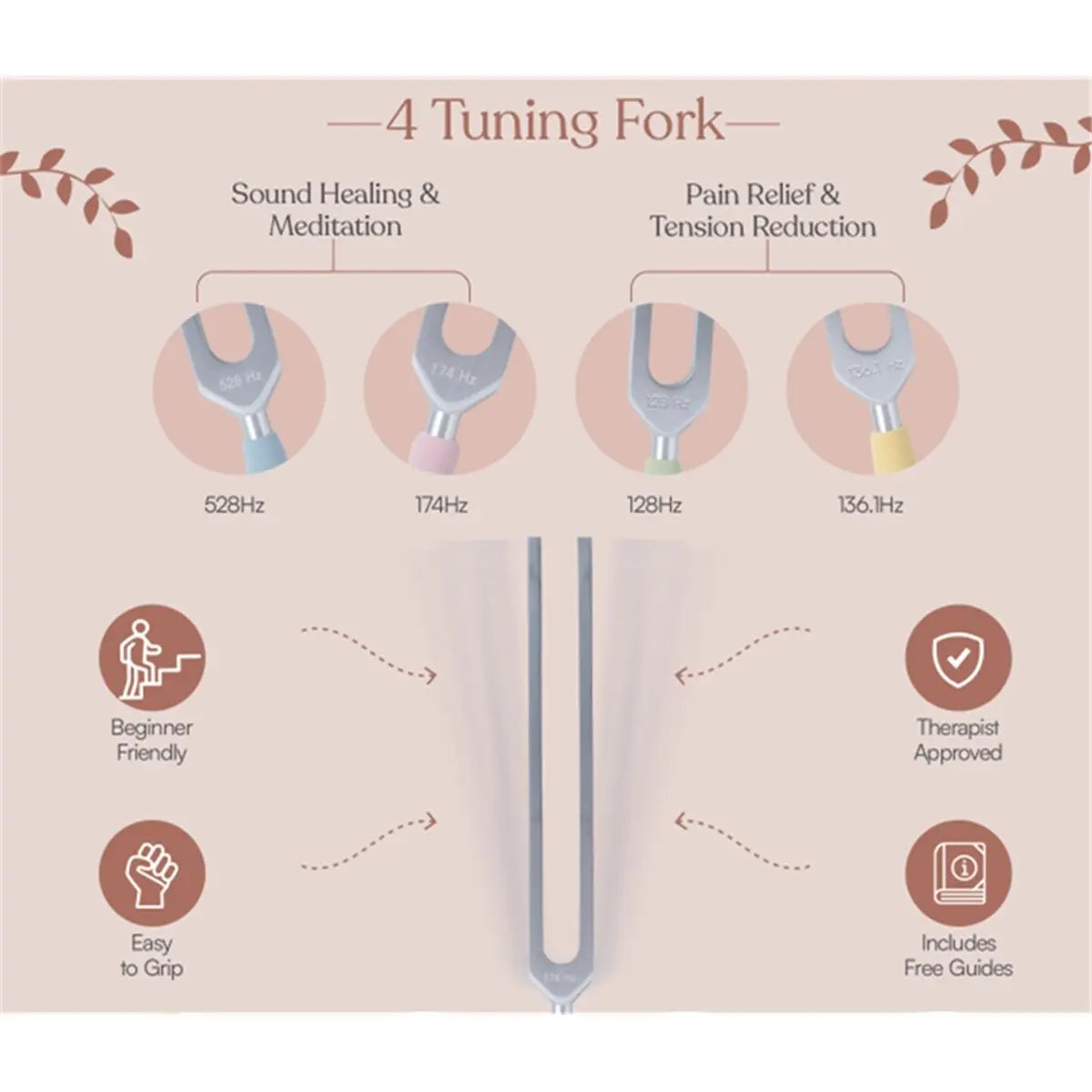 BAAQ Healing Tuning Fork Set | 128Hz, 136.1Hz, 174Hz & 528Hz Frequency Kit