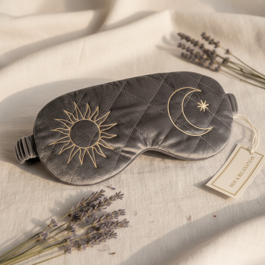 Weighted sleep mask on soft linen with lavender sprigs